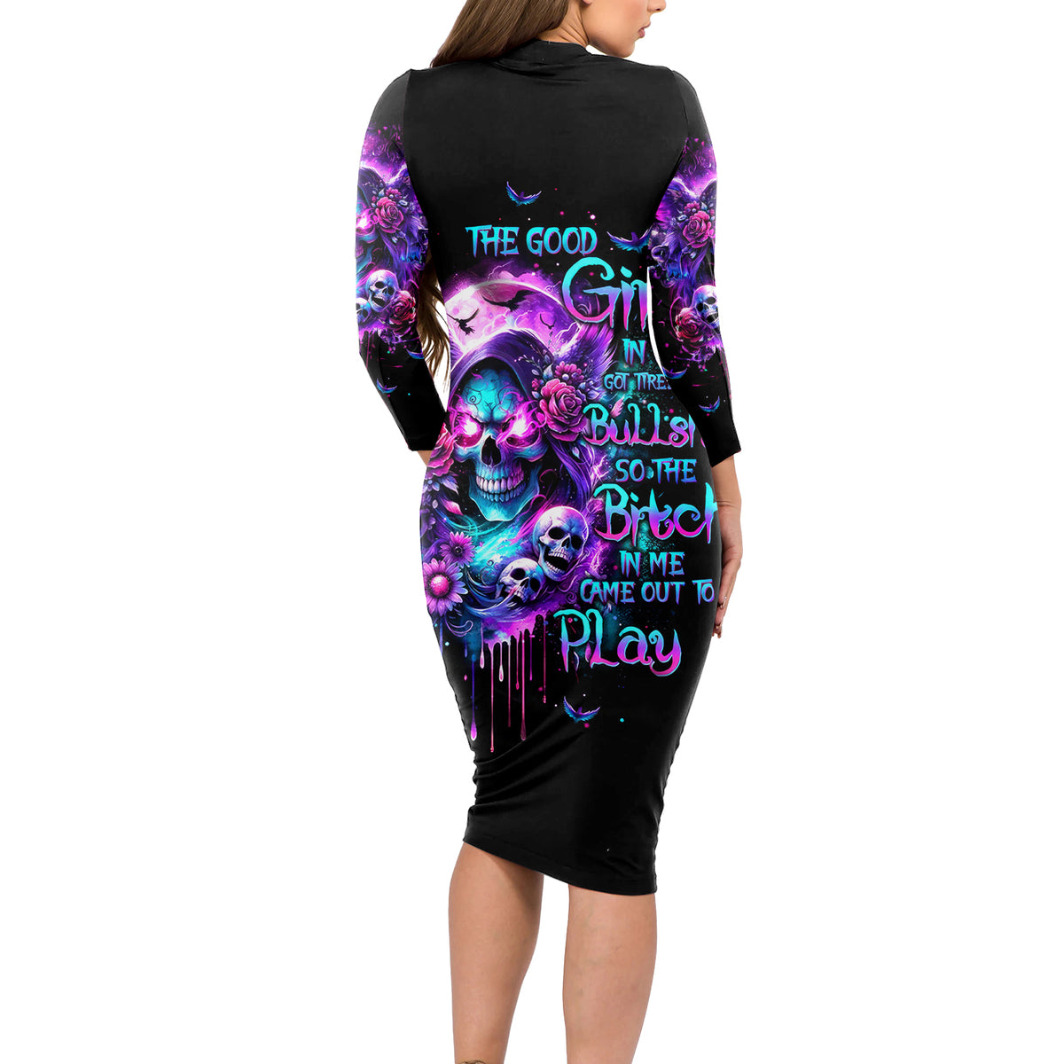 Fairy Skull Long Sleeve Bodycon Dress The Good Girl In Me Got Tired Of The Bullshit - Wonder Print Shop