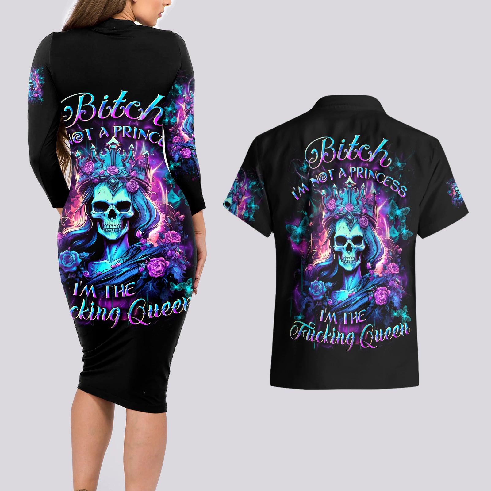 Queen Skull Couples Matching Long Sleeve Bodycon Dress and Hawaiian Shirt Bitch I'm The Fucking Queen - Wonder Print Shop