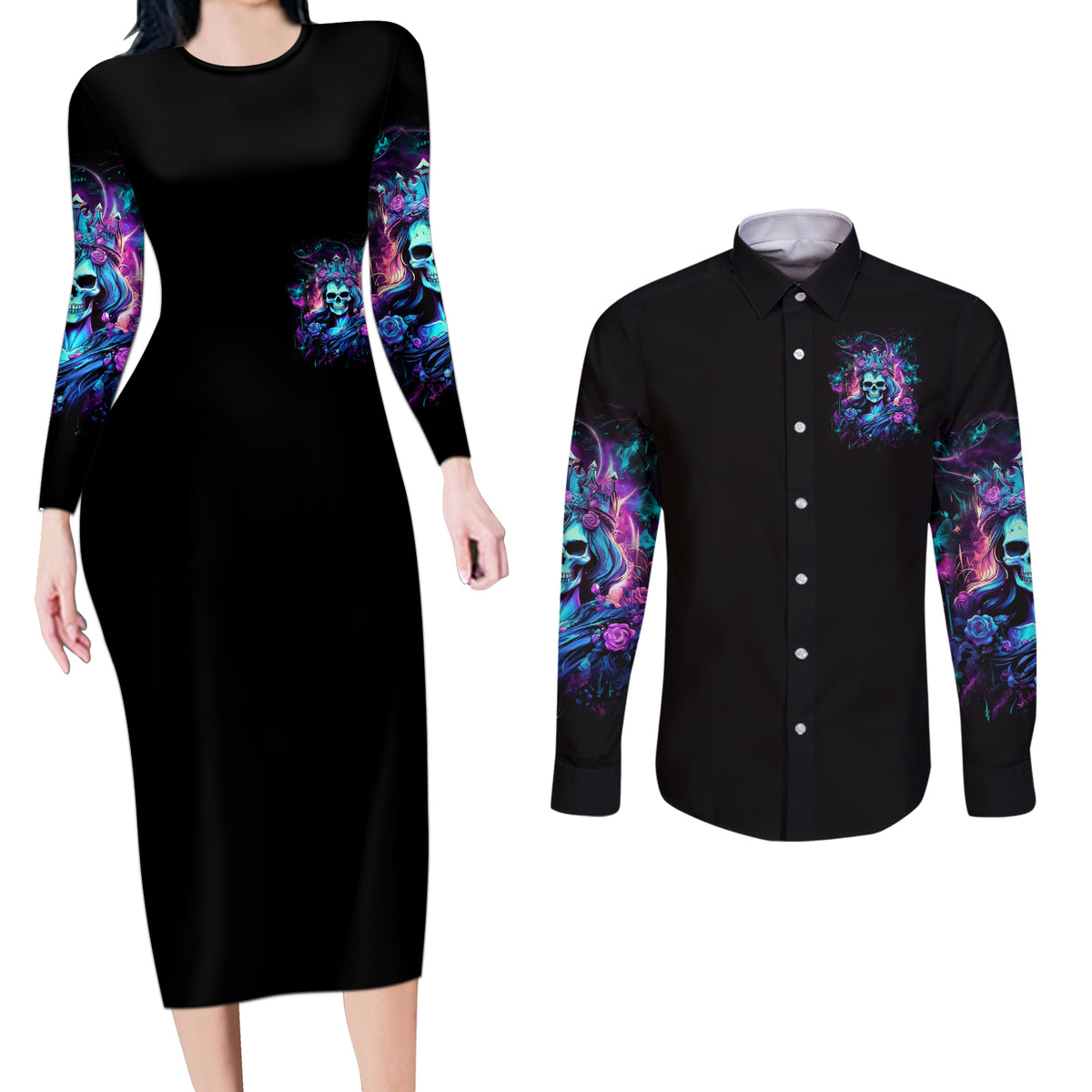 Queen Skull Couples Matching Long Sleeve Bodycon Dress and Long Sleeve Button Shirt Bitch I'm The Fucking Queen - Wonder Print Shop