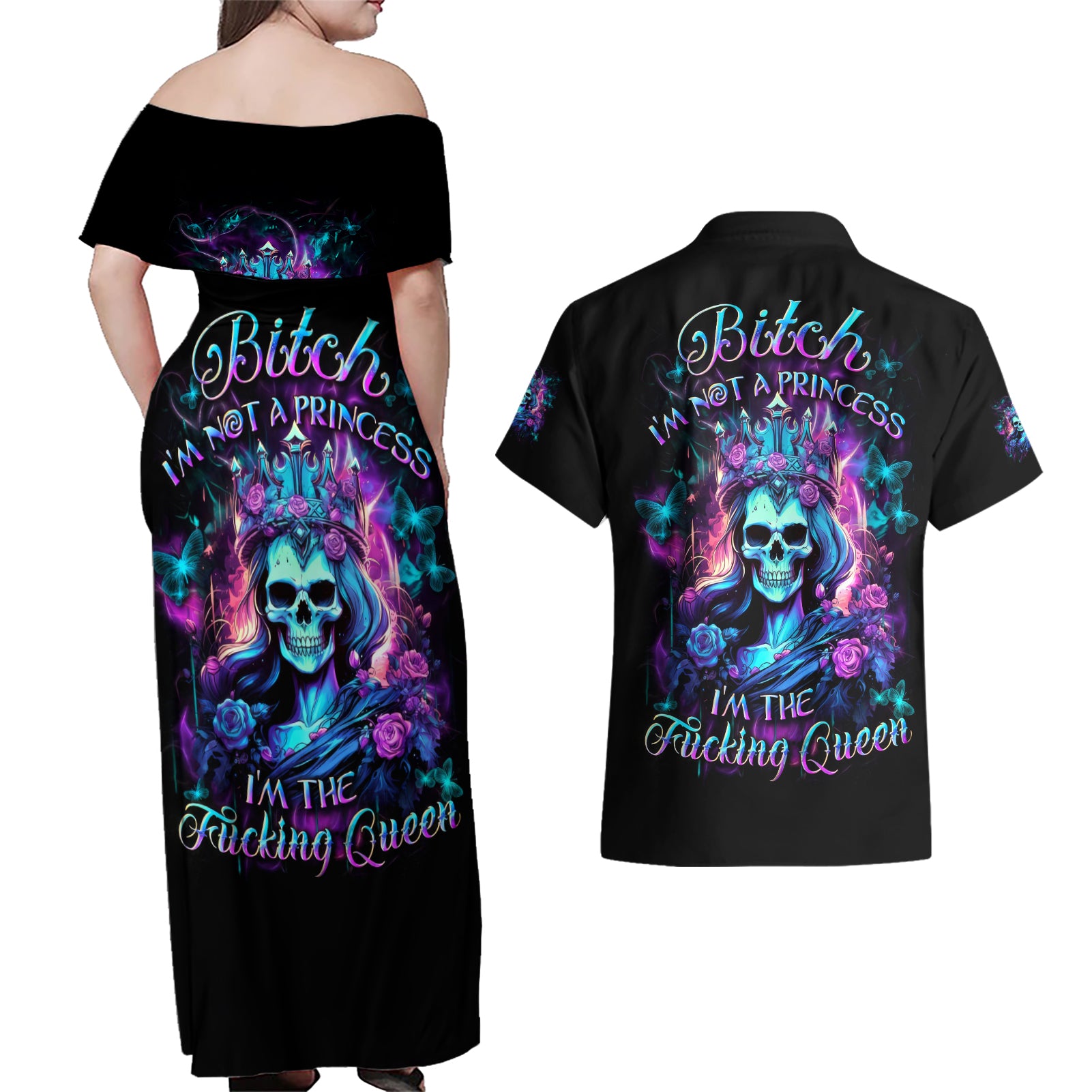 Queen Skull Couples Matching Off Shoulder Maxi Dress and Hawaiian Shirt Bitch I'm The Fucking Queen - Wonder Print Shop