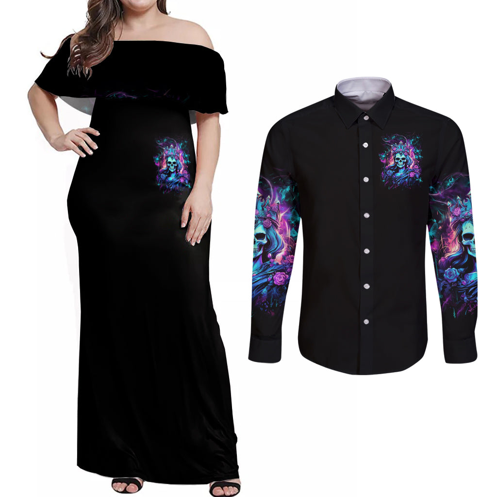 Queen Skull Couples Matching Off Shoulder Maxi Dress and Long Sleeve Button Shirt Bitch I'm The Fucking Queen - Wonder Print Shop