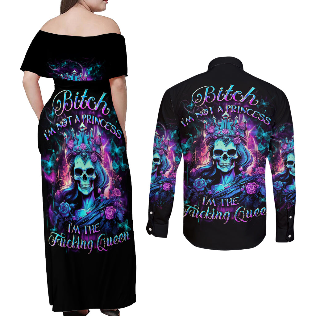 Queen Skull Couples Matching Off Shoulder Maxi Dress and Long Sleeve Button Shirt Bitch I'm The Fucking Queen - Wonder Print Shop