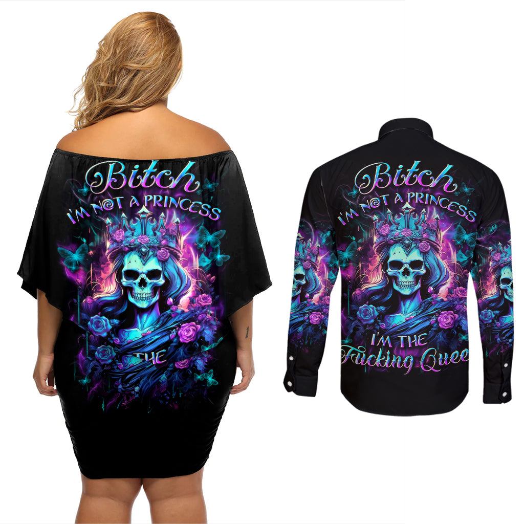 Queen Skull Couples Matching Off Shoulder Short Dress and Long Sleeve Button Shirt Bitch I'm The Fucking Queen - Wonder Print Shop