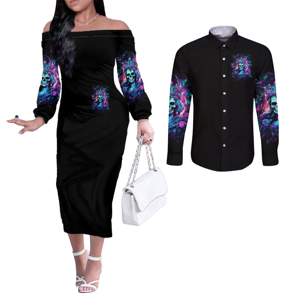 Queen Skull Couples Matching Off The Shoulder Long Sleeve Dress and Long Sleeve Button Shirt Bitch I'm The Fucking Queen