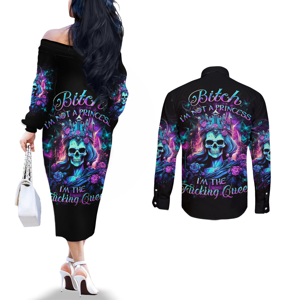 Queen Skull Couples Matching Off The Shoulder Long Sleeve Dress and Long Sleeve Button Shirt Bitch I'm The Fucking Queen