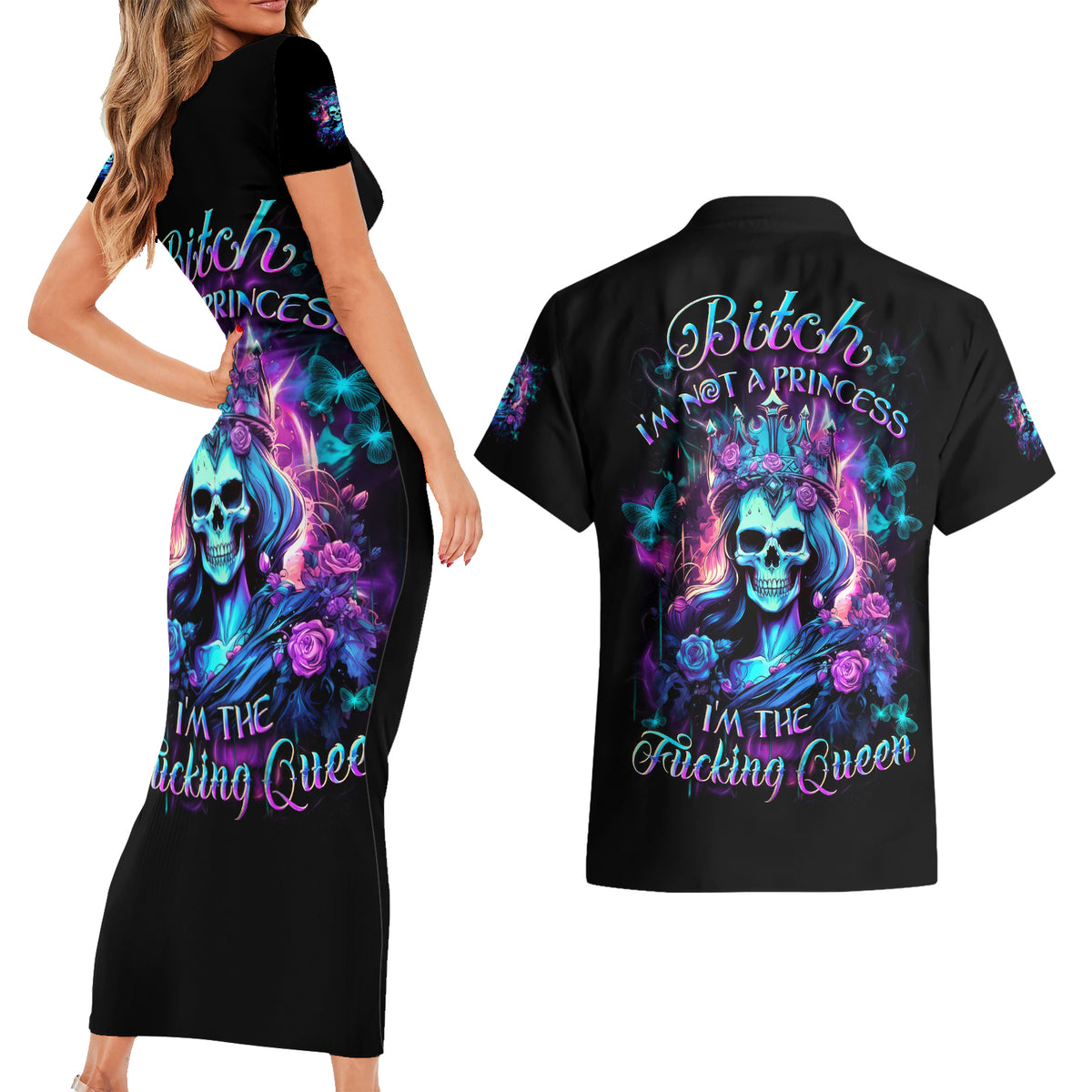 Queen Skull Couples Matching Short Sleeve Bodycon Dress and Hawaiian Shirt Bitch I'm The Fucking Queen - Wonder Print Shop