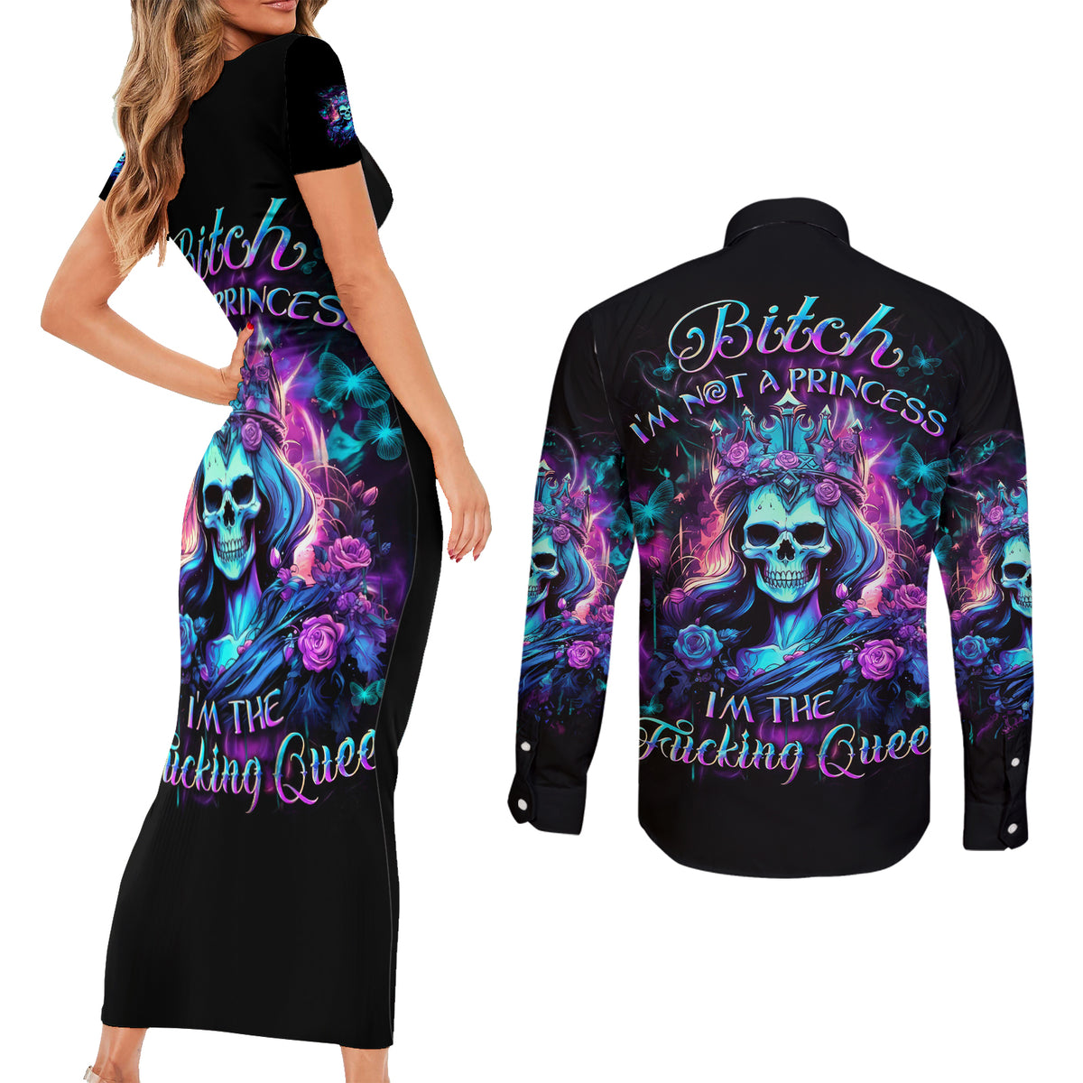 Queen Skull Couples Matching Short Sleeve Bodycon Dress and Long Sleeve Button Shirt Bitch I'm The Fucking Queen - Wonder Print Shop
