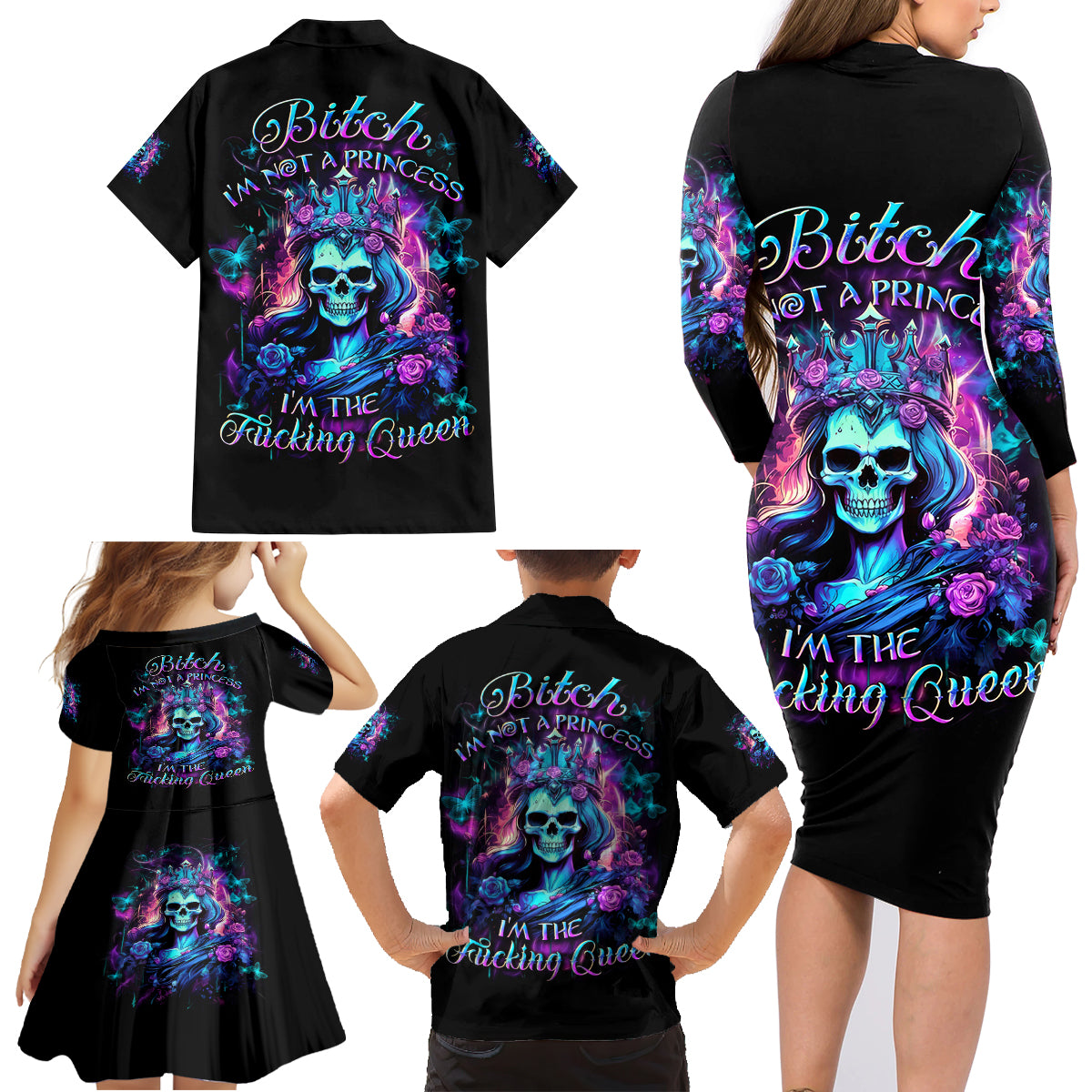 Queen Skull Family Matching Long Sleeve Bodycon Dress and Hawaiian Shirt Bitch I'm The Fucking Queen - Wonder Print Shop