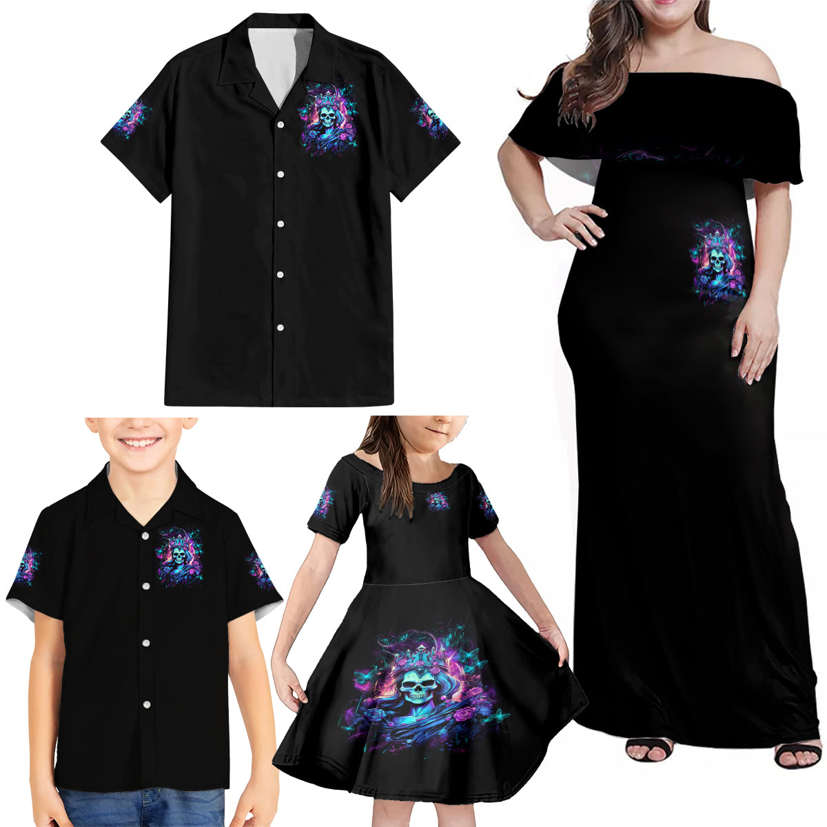 Queen Skull Family Matching Off Shoulder Maxi Dress and Hawaiian Shirt Bitch I'm The Fucking Queen - Wonder Print Shop