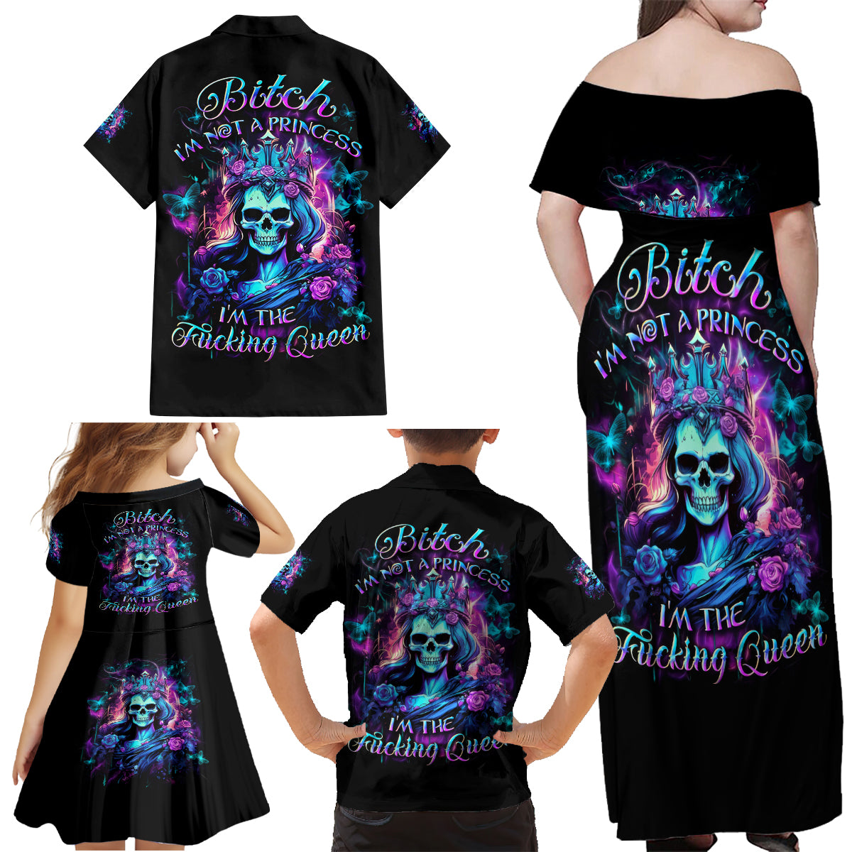 Queen Skull Family Matching Off Shoulder Maxi Dress and Hawaiian Shirt Bitch I'm The Fucking Queen - Wonder Print Shop