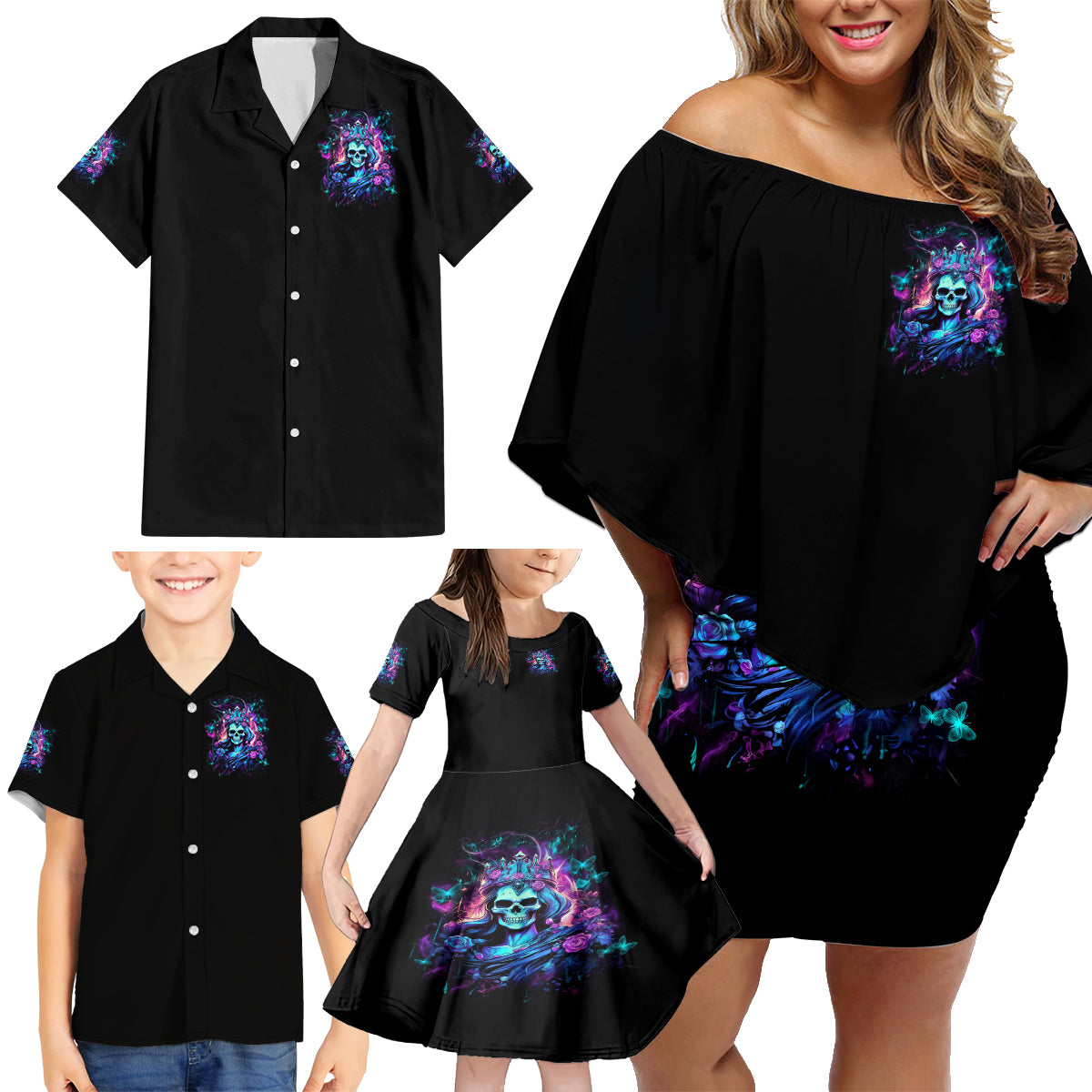 Queen Skull Family Matching Off Shoulder Short Dress and Hawaiian Shirt Bitch I'm The Fucking Queen - Wonder Print Shop