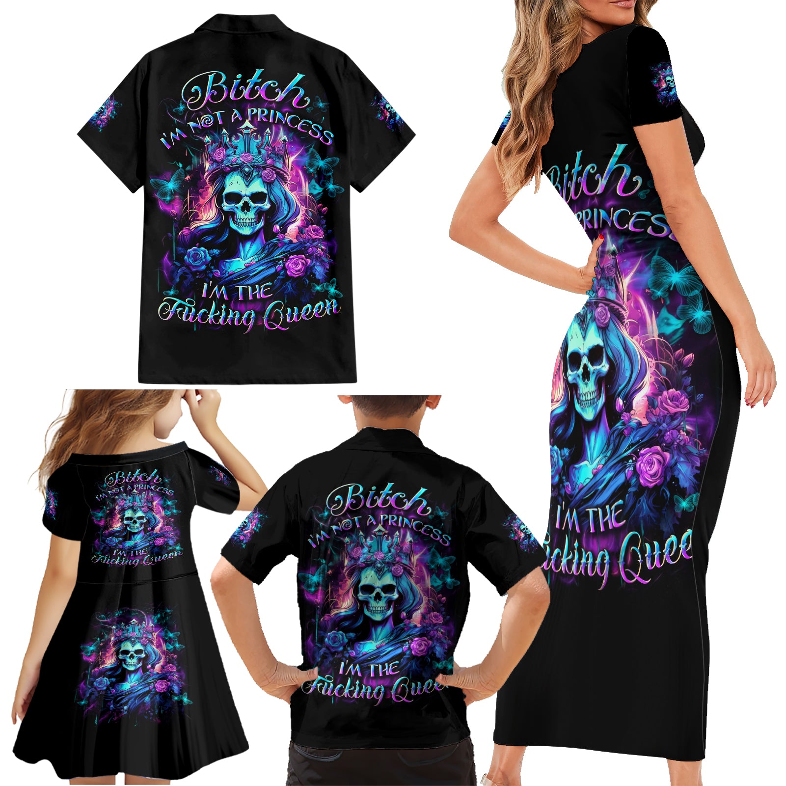Queen Skull Family Matching Short Sleeve Bodycon Dress and Hawaiian Shirt Bitch I'm The Fucking Queen - Wonder Print Shop