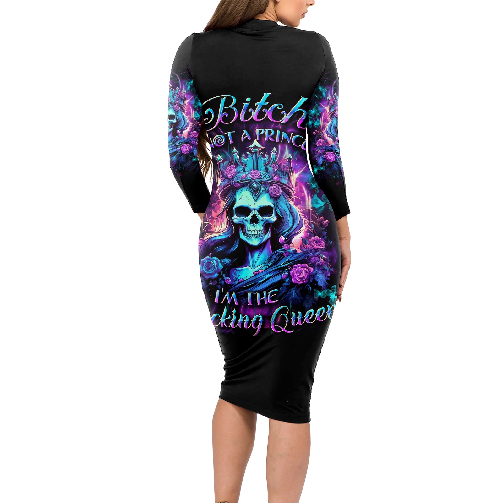 Queen Skull Long Sleeve Bodycon Dress Bitch I'm The Fucking Queen - Wonder Print Shop