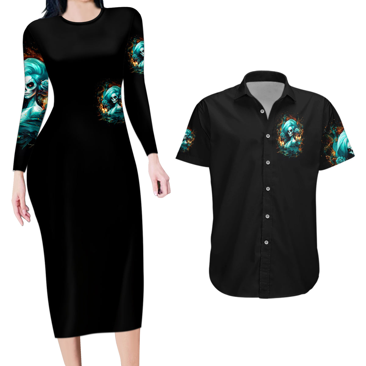 Flame Girl Skull Couples Matching Long Sleeve Bodycon Dress and Hawaiian Shirt Assuming I Was Like Most Girls Was Your First Mistake - Wonder Print Shop