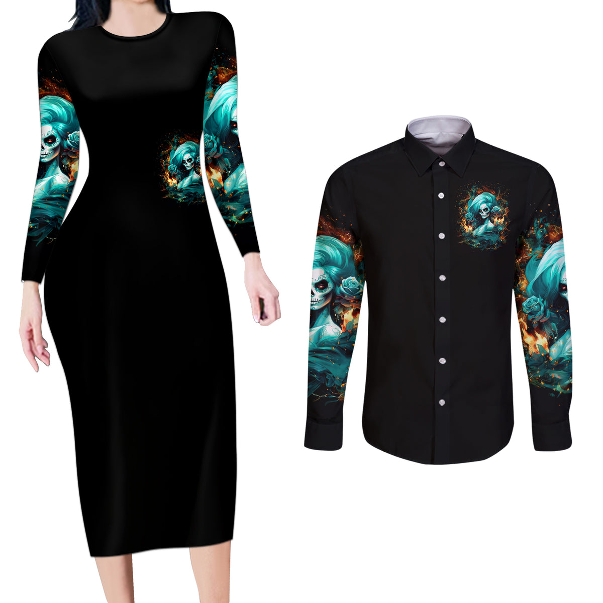 Flame Girl Skull Couples Matching Long Sleeve Bodycon Dress and Long Sleeve Button Shirt Assuming I Was Like Most Girls Was Your First Mistake - Wonder Print Shop
