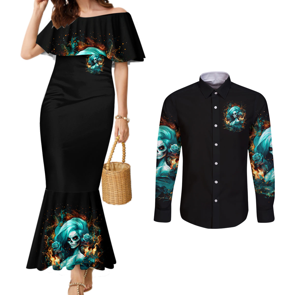 Flame Girl Skull Couples Matching Mermaid Dress and Long Sleeve Button Shirt Assuming I Was Like Most Girls Was Your First Mistake