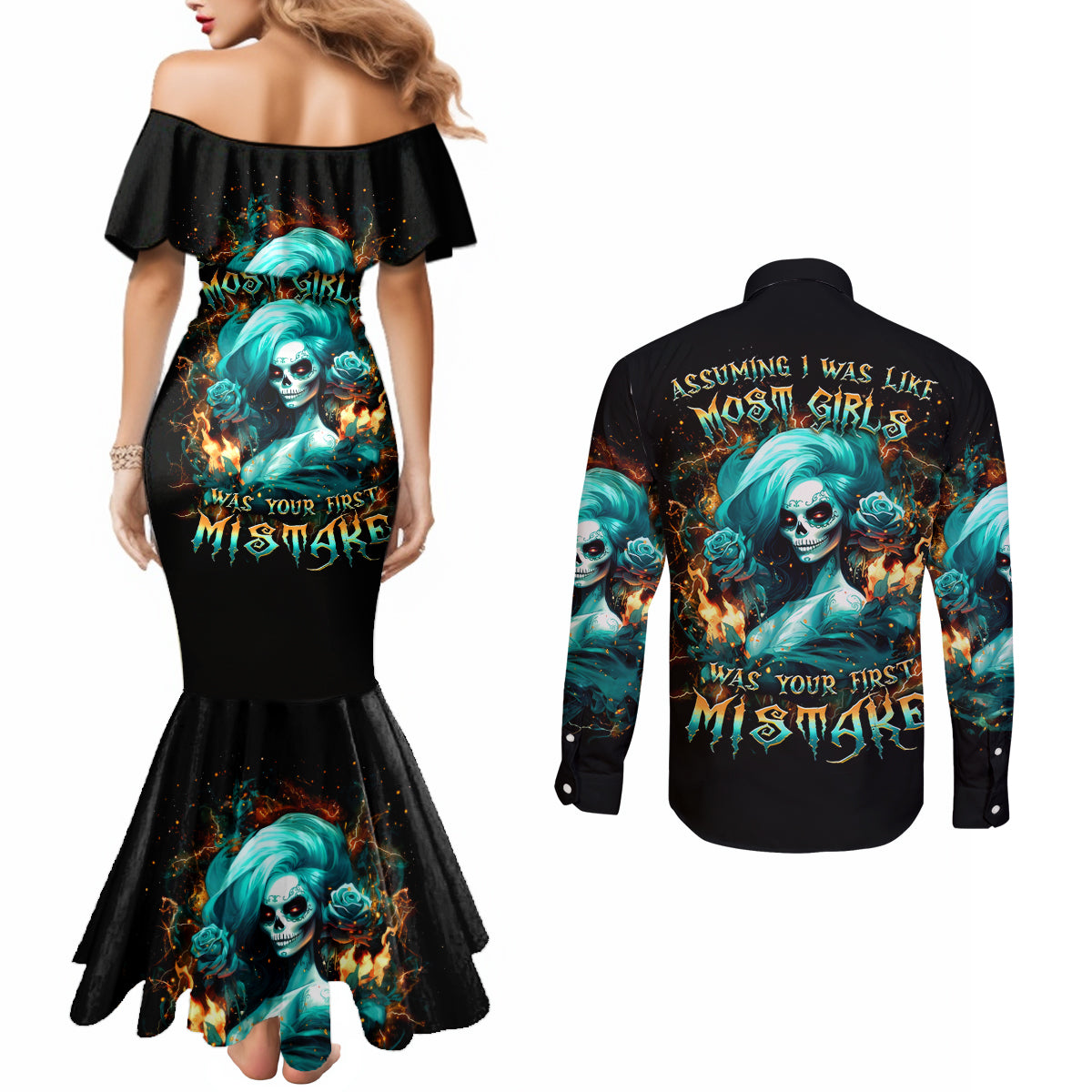 Flame Girl Skull Couples Matching Mermaid Dress and Long Sleeve Button Shirt Assuming I Was Like Most Girls Was Your First Mistake