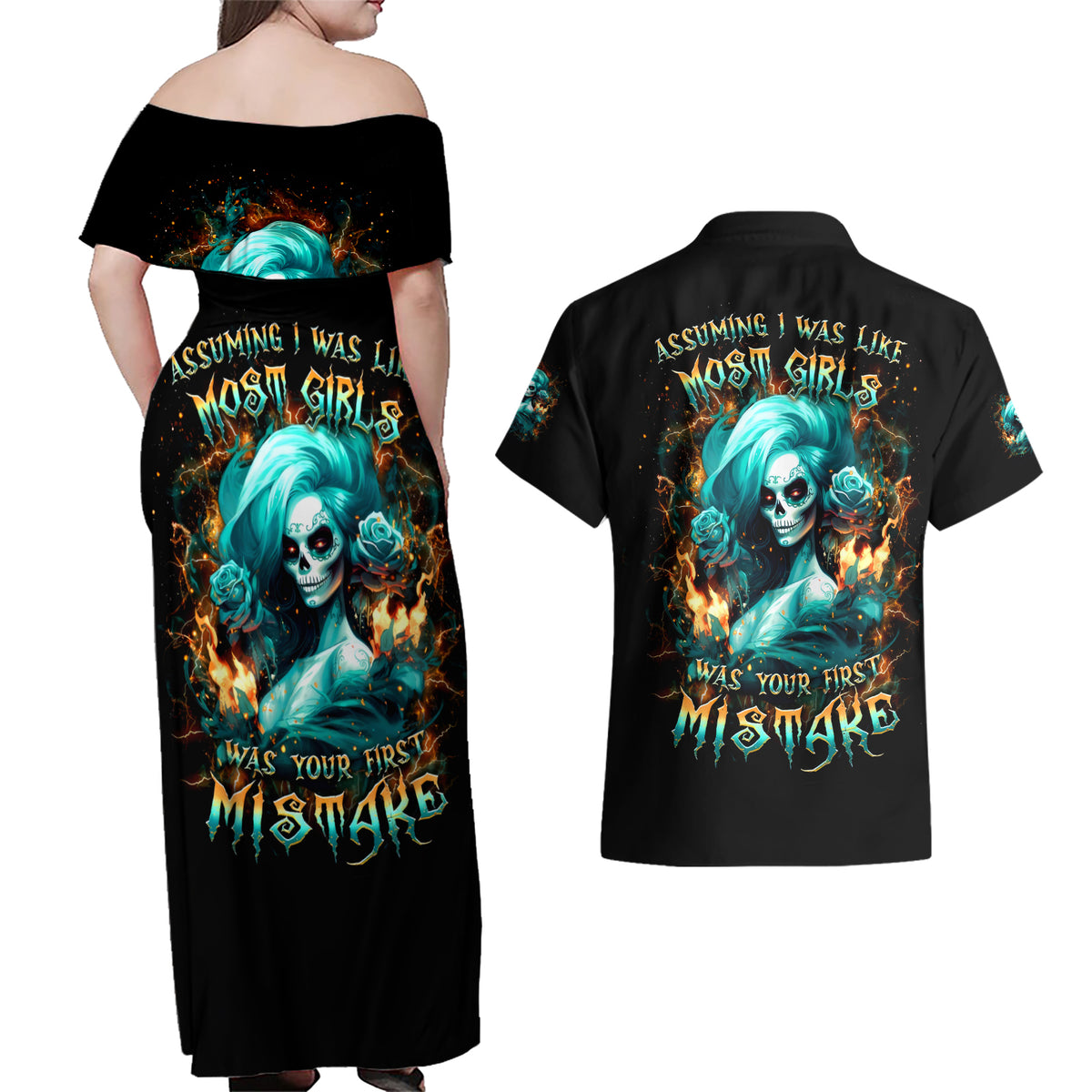 Flame Girl Skull Couples Matching Off Shoulder Maxi Dress and Hawaiian Shirt Assuming I Was Like Most Girls Was Your First Mistake - Wonder Print Shop
