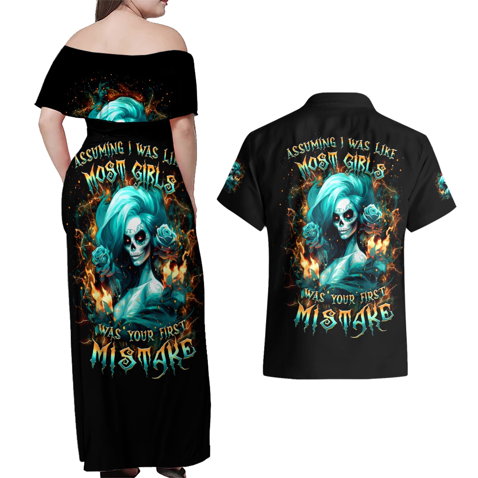 Flame Girl Skull Couples Matching Off Shoulder Maxi Dress and Hawaiian Shirt Assuming I Was Like Most Girls Was Your First Mistake - Wonder Print Shop