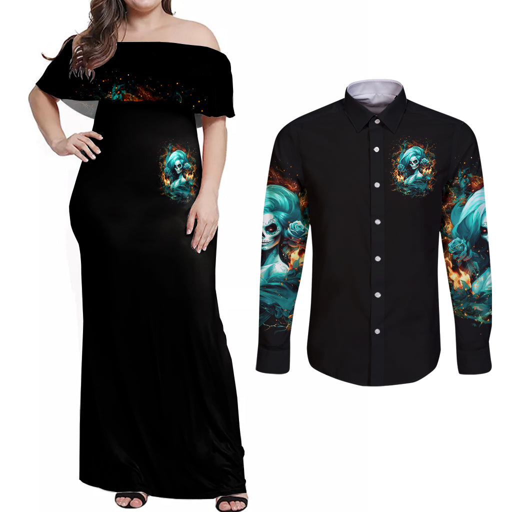 Flame Girl Skull Couples Matching Off Shoulder Maxi Dress and Long Sleeve Button Shirt Assuming I Was Like Most Girls Was Your First Mistake - Wonder Print Shop