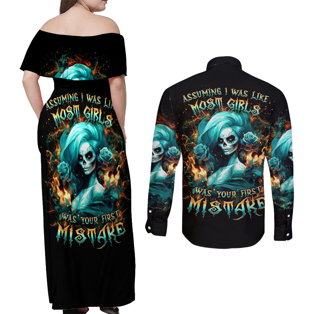 Flame Girl Skull Couples Matching Off Shoulder Maxi Dress and Long Sleeve Button Shirt Assuming I Was Like Most Girls Was Your First Mistake - Wonder Print Shop