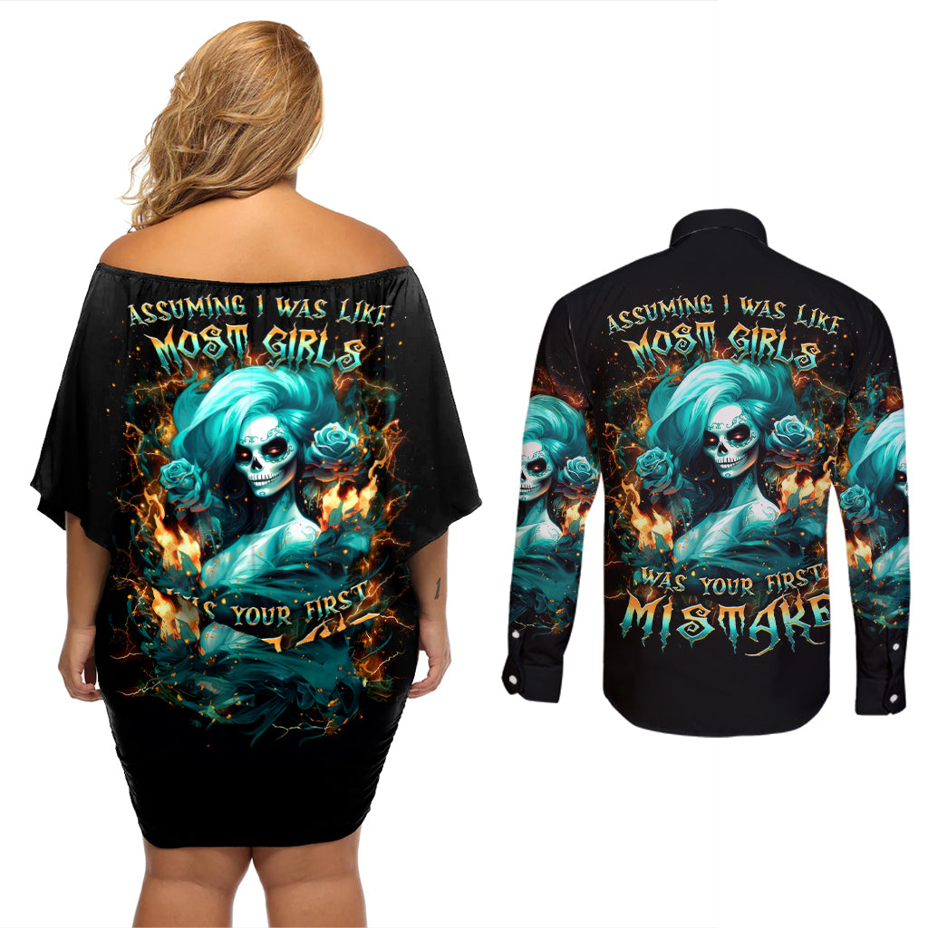 Flame Girl Skull Couples Matching Off Shoulder Short Dress and Long Sleeve Button Shirt Assuming I Was Like Most Girls Was Your First Mistake - Wonder Print Shop