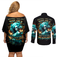 Flame Girl Skull Couples Matching Off Shoulder Short Dress and Long Sleeve Button Shirt Assuming I Was Like Most Girls Was Your First Mistake - Wonder Print Shop