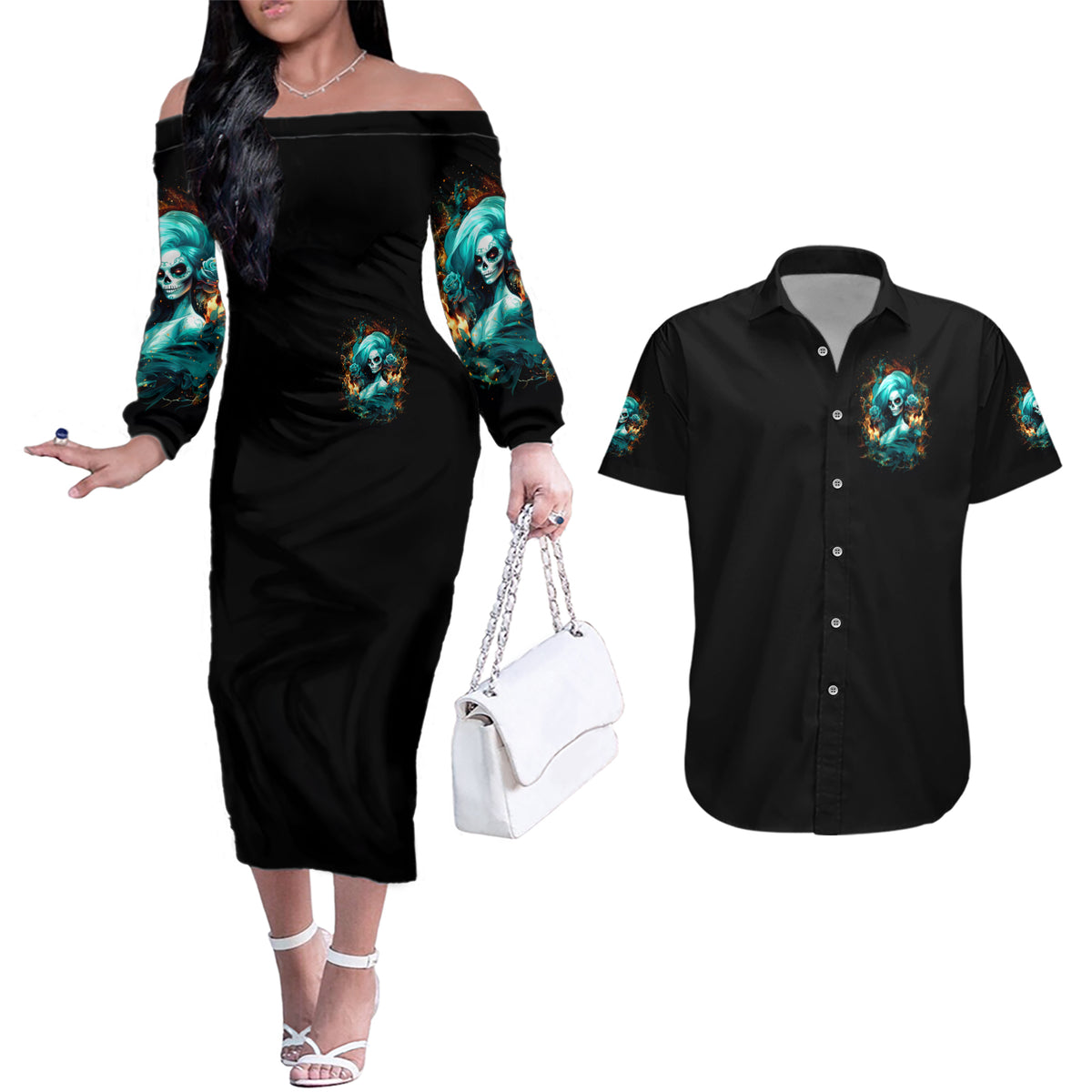 Flame Girl Skull Couples Matching Off The Shoulder Long Sleeve Dress and Hawaiian Shirt Assuming I Was Like Most Girls Was Your First Mistake - Wonder Print Shop