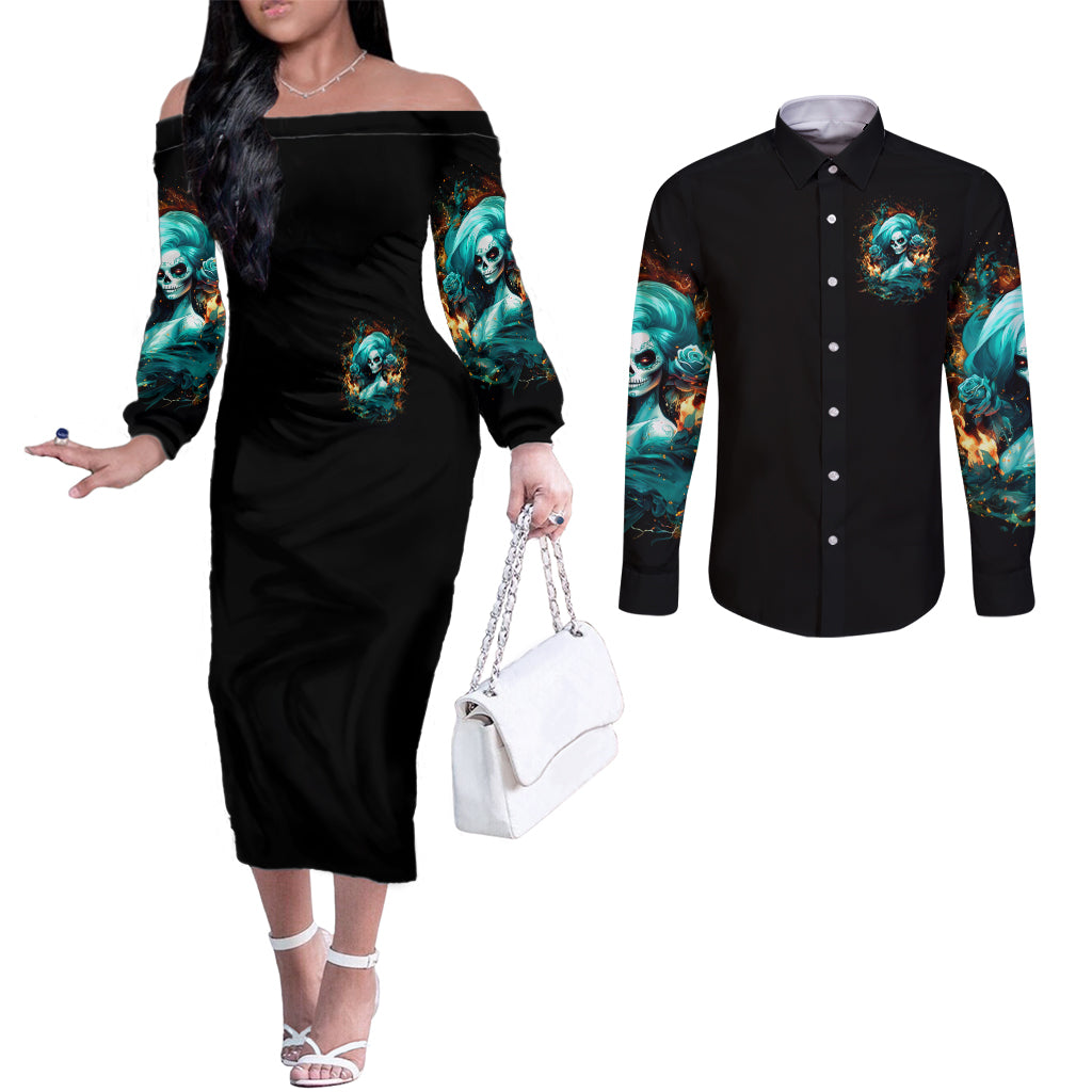Flame Girl Skull Couples Matching Off The Shoulder Long Sleeve Dress and Long Sleeve Button Shirt Assuming I Was Like Most Girls Was Your First Mistake