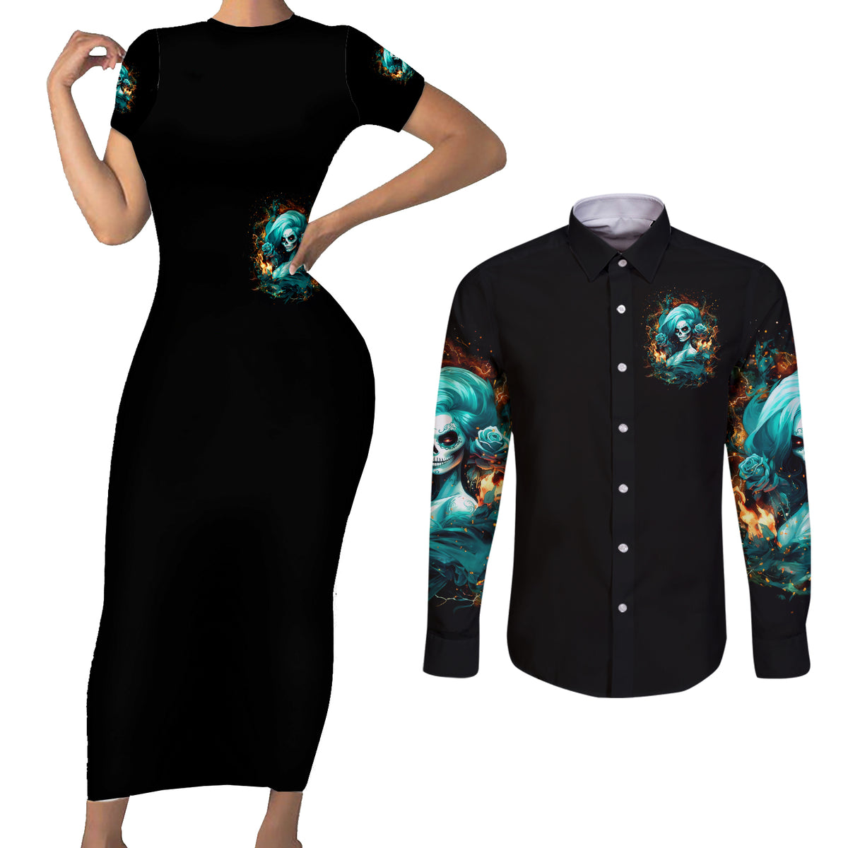 Flame Girl Skull Couples Matching Short Sleeve Bodycon Dress and Long Sleeve Button Shirt Assuming I Was Like Most Girls Was Your First Mistake - Wonder Print Shop