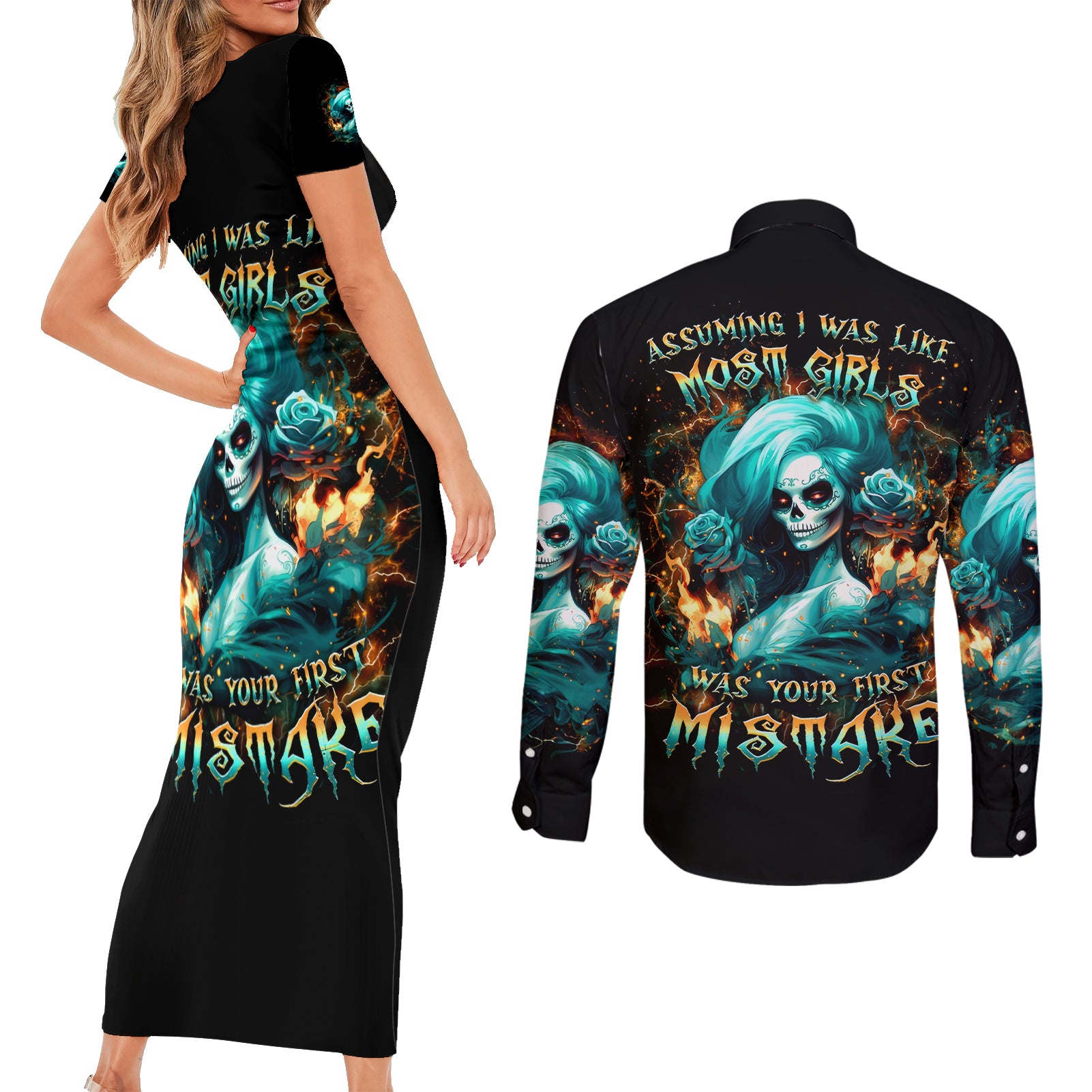 Flame Girl Skull Couples Matching Short Sleeve Bodycon Dress and Long Sleeve Button Shirt Assuming I Was Like Most Girls Was Your First Mistake - Wonder Print Shop