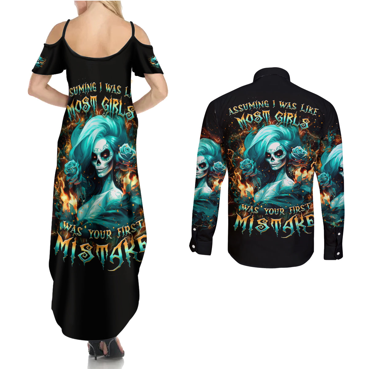 Flame Girl Skull Couples Matching Summer Maxi Dress and Long Sleeve Button Shirt Assuming I Was Like Most Girls Was Your First Mistake - Wonder Print Shop