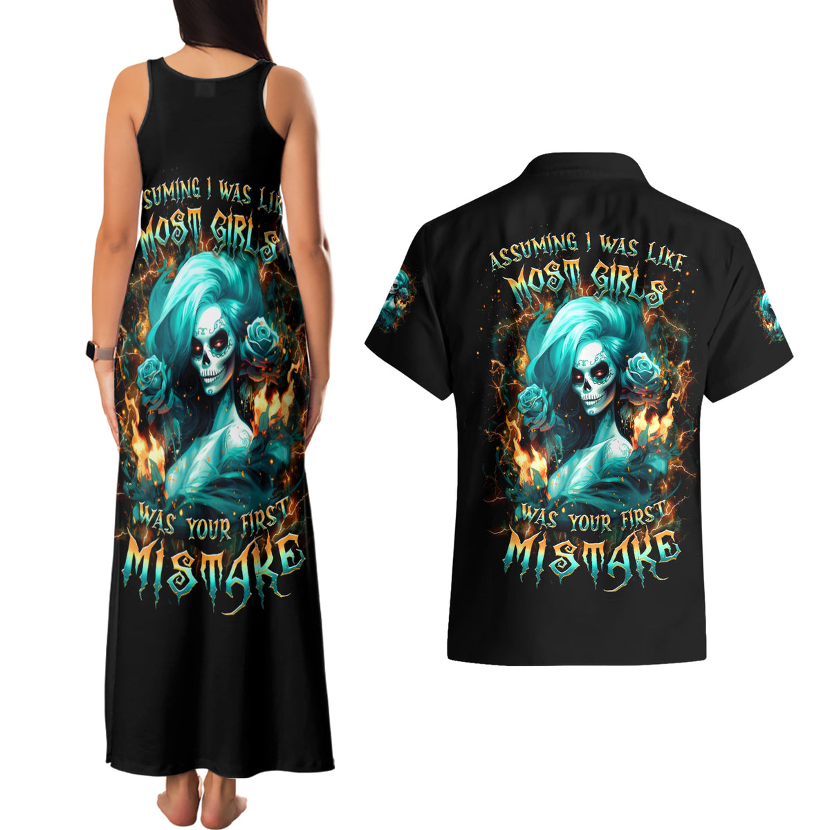 Flame Girl Skull Couples Matching Tank Maxi Dress and Hawaiian Shirt Assuming I Was Like Most Girls Was Your First Mistake - Wonder Print Shop