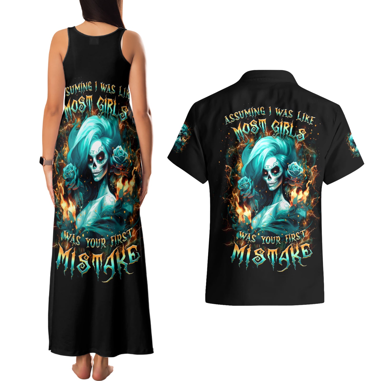 Flame Girl Skull Couples Matching Tank Maxi Dress and Hawaiian Shirt Assuming I Was Like Most Girls Was Your First Mistake - Wonder Print Shop