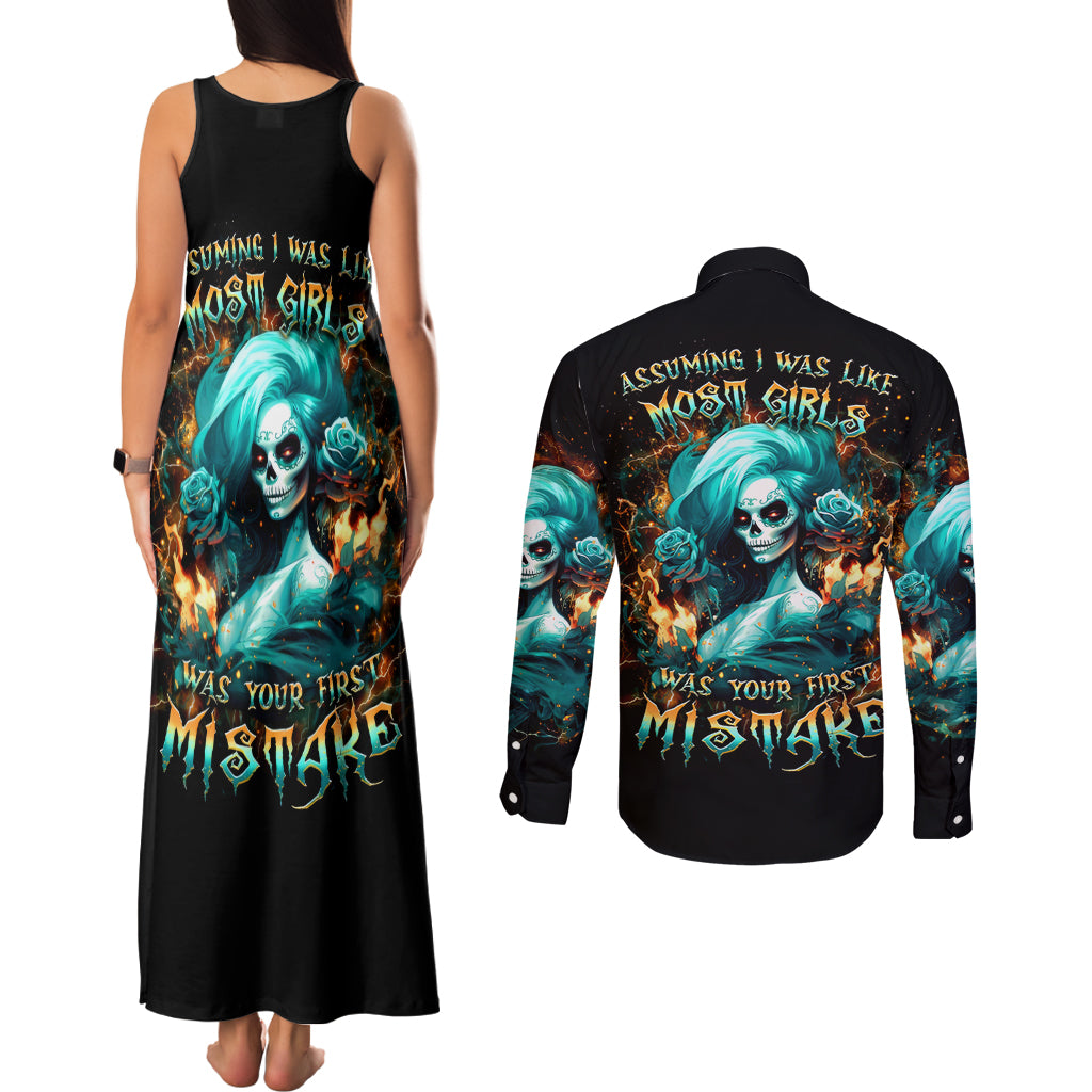Flame Girl Skull Couples Matching Tank Maxi Dress and Long Sleeve Button Shirt Assuming I Was Like Most Girls Was Your First Mistake - Wonder Print Shop