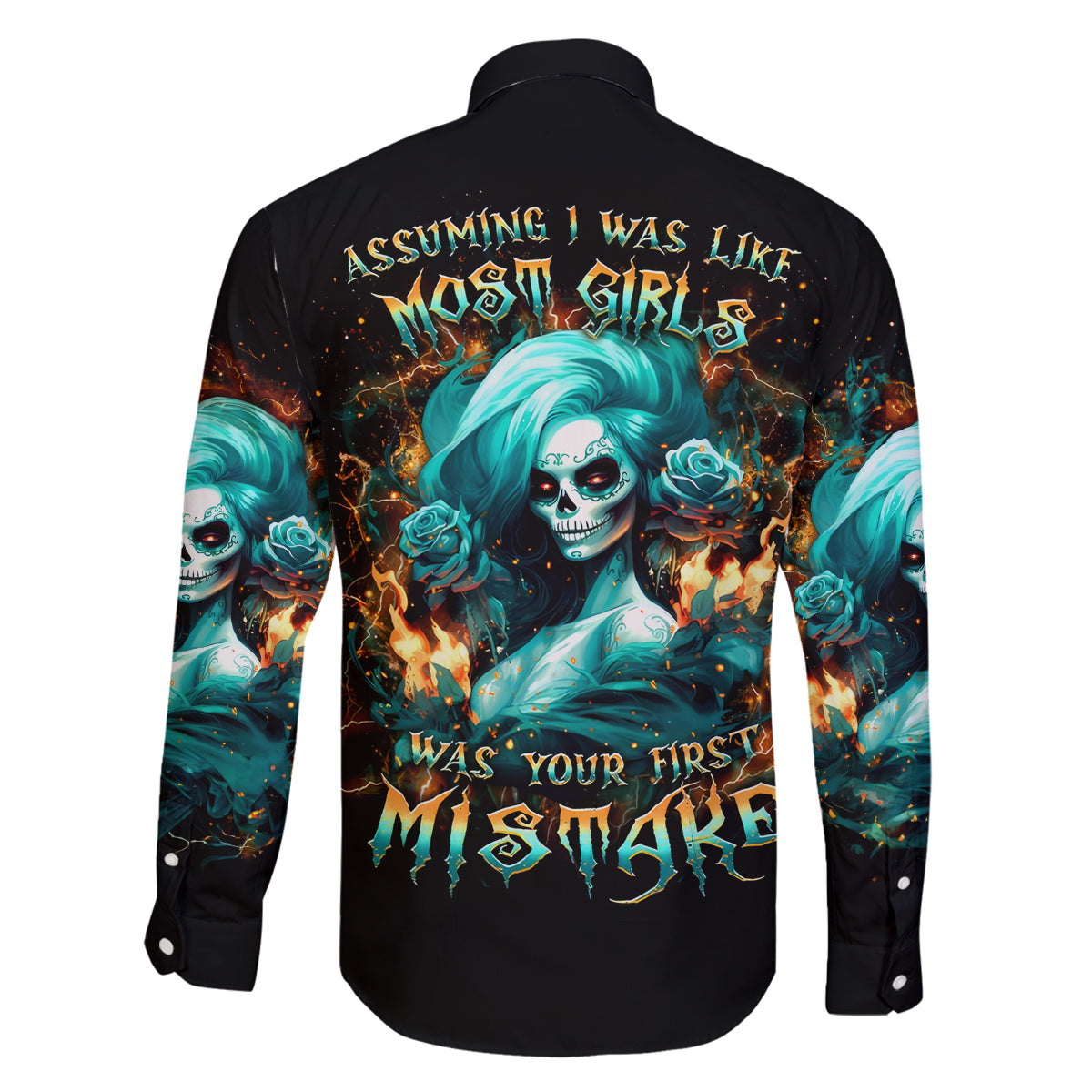 Flame Girl Skull Family Matching Long Sleeve Bodycon Dress and Hawaiian Shirt Assuming I Was Like Most Girls Was Your First Mistake - Wonder Print Shop