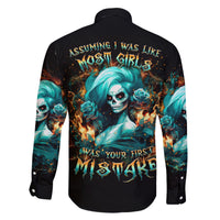 Flame Girl Skull Family Matching Long Sleeve Bodycon Dress and Hawaiian Shirt Assuming I Was Like Most Girls Was Your First Mistake - Wonder Print Shop