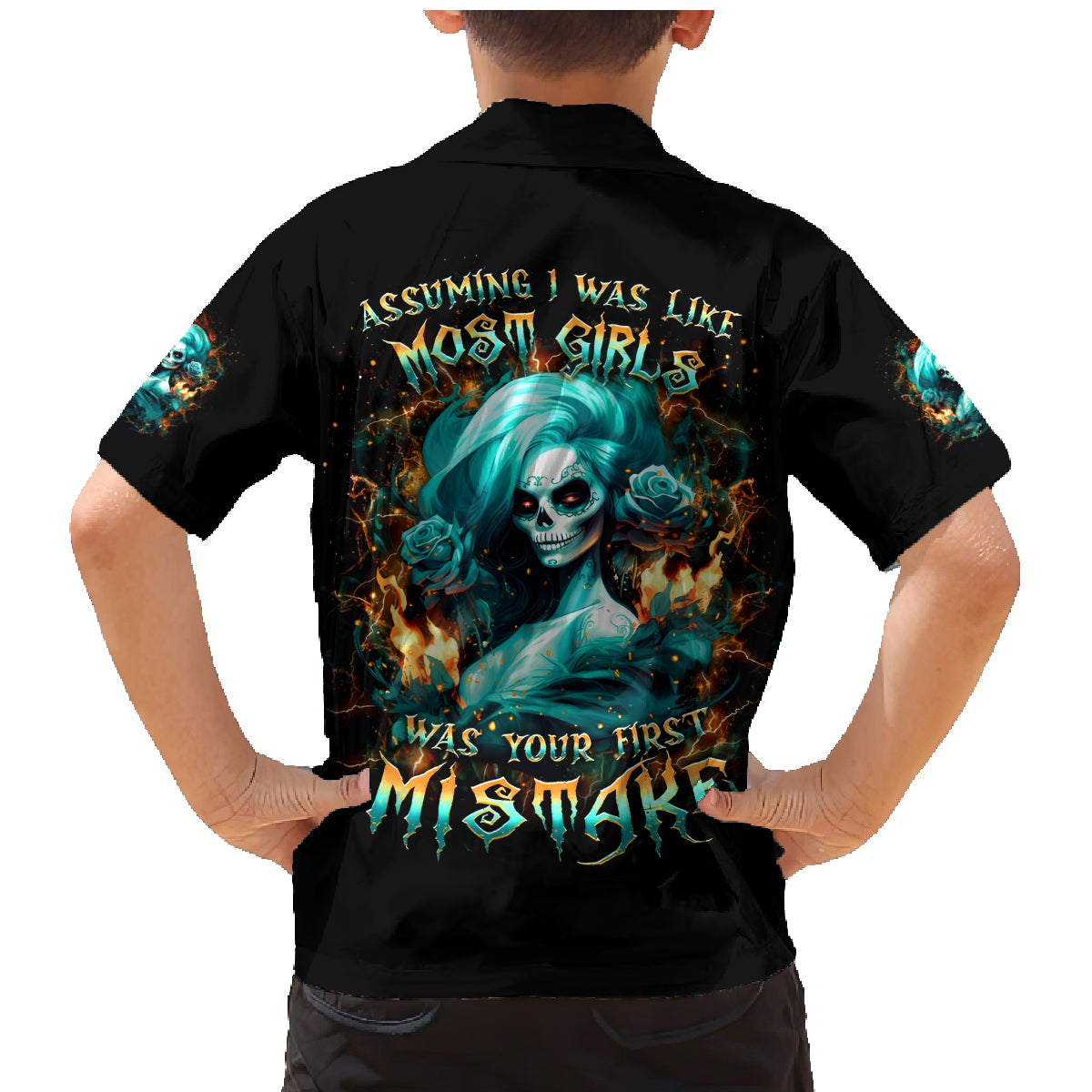 Flame Girl Skull Family Matching Mermaid Dress and Hawaiian Shirt Assuming I Was Like Most Girls Was Your First Mistake - Wonder Print Shop