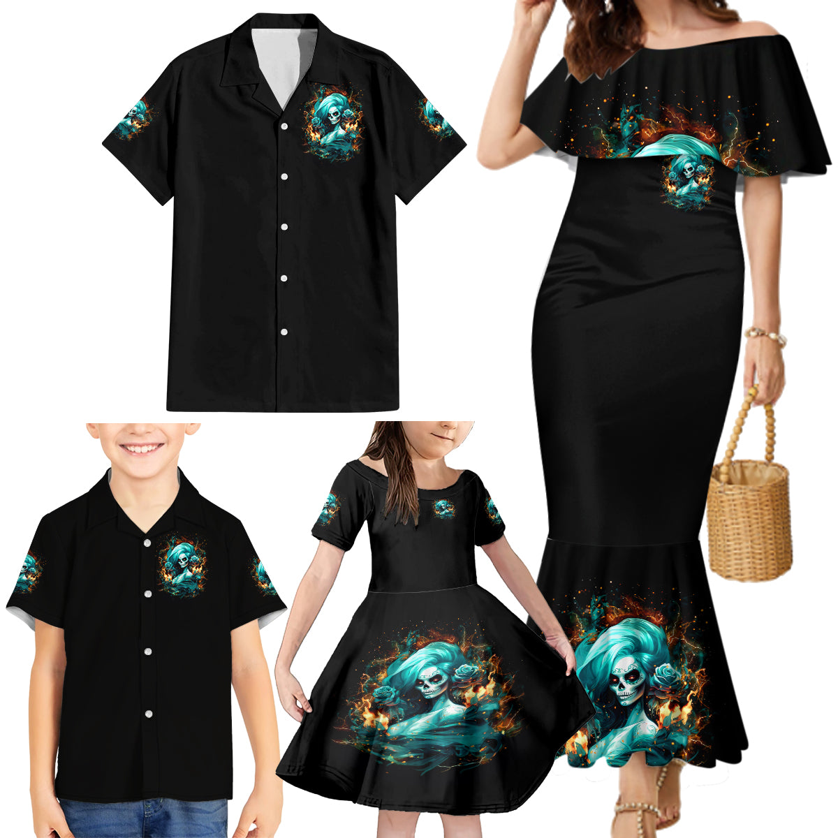 Flame Girl Skull Family Matching Mermaid Dress and Hawaiian Shirt Assuming I Was Like Most Girls Was Your First Mistake - Wonder Print Shop