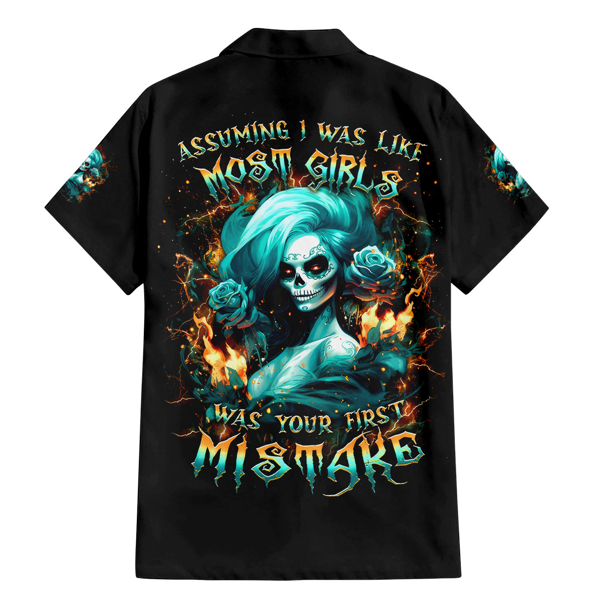 Flame Girl Skull Family Matching Mermaid Dress and Hawaiian Shirt Assuming I Was Like Most Girls Was Your First Mistake - Wonder Print Shop