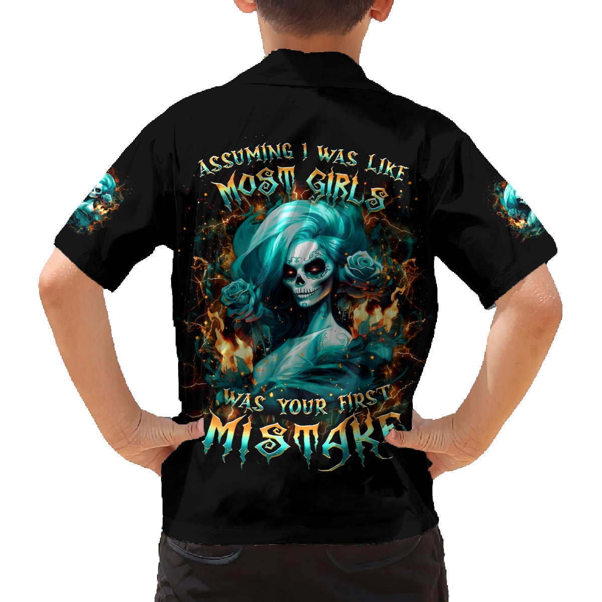 Flame Girl Skull Family Matching Off Shoulder Long Sleeve Dress and Hawaiian Shirt Assuming I Was Like Most Girls Was Your First Mistake - Wonder Print Shop