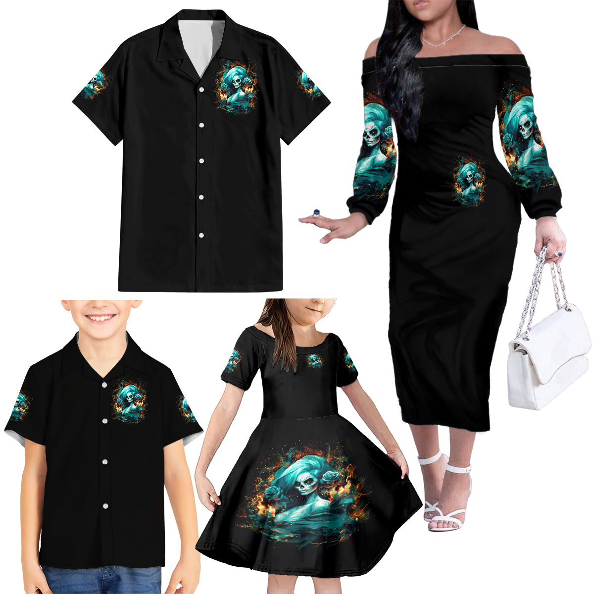 Flame Girl Skull Family Matching Off Shoulder Long Sleeve Dress and Hawaiian Shirt Assuming I Was Like Most Girls Was Your First Mistake - Wonder Print Shop