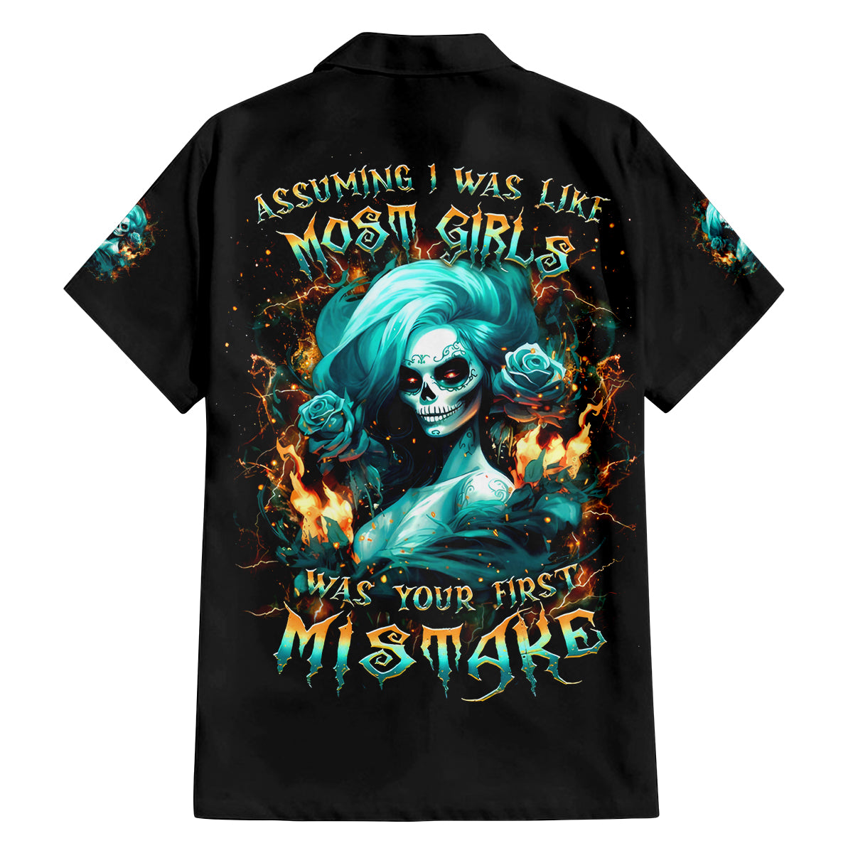 Flame Girl Skull Family Matching Off Shoulder Long Sleeve Dress and Hawaiian Shirt Assuming I Was Like Most Girls Was Your First Mistake - Wonder Print Shop