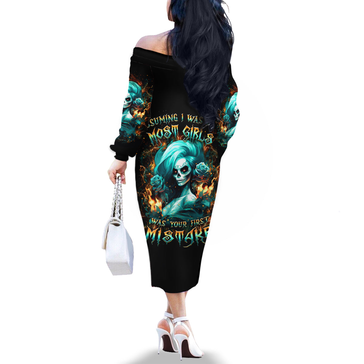 Flame Girl Skull Family Matching Off Shoulder Long Sleeve Dress and Hawaiian Shirt Assuming I Was Like Most Girls Was Your First Mistake - Wonder Print Shop