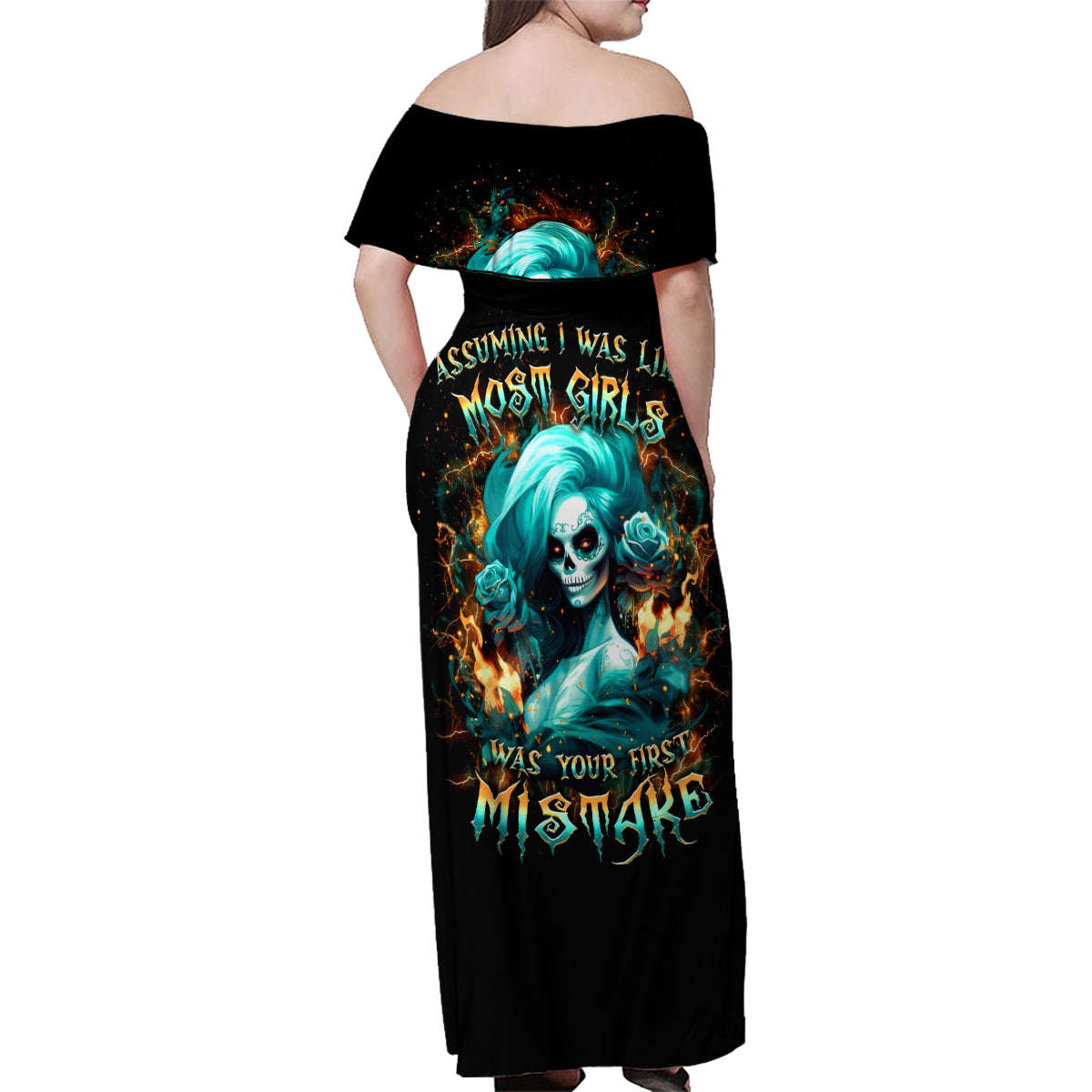 Flame Girl Skull Family Matching Off Shoulder Maxi Dress and Hawaiian Shirt Assuming I Was Like Most Girls Was Your First Mistake - Wonder Print Shop
