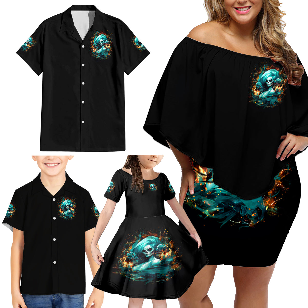 Flame Girl Skull Family Matching Off Shoulder Short Dress and Hawaiian Shirt Assuming I Was Like Most Girls Was Your First Mistake - Wonder Print Shop