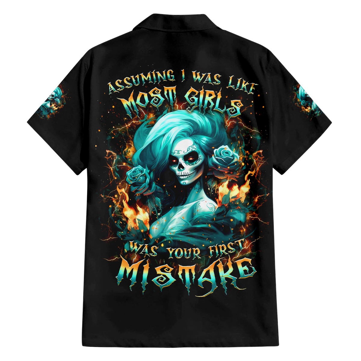 Flame Girl Skull Family Matching Short Sleeve Bodycon Dress and Hawaiian Shirt Assuming I Was Like Most Girls Was Your First Mistake - Wonder Print Shop