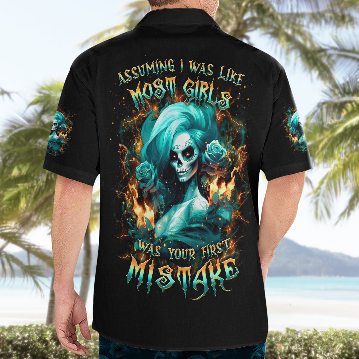 Flame Girl Skull Hawaiian Shirt Assuming I Was Like Most Girls Was Your First Mistake - Wonder Print Shop