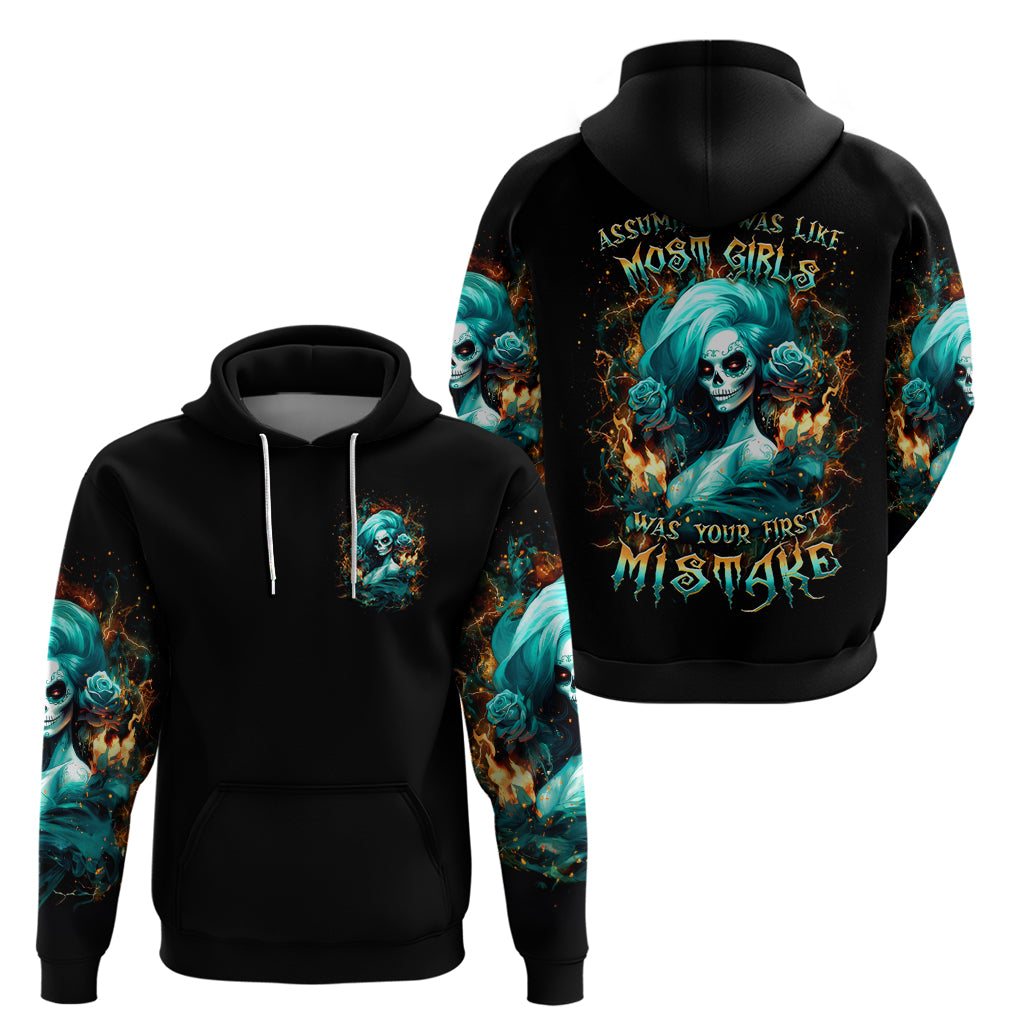 Flame Girl Skull Hoodie Assuming I Was Like Most Girls Was Your First Mistake - Wonder Print Shop