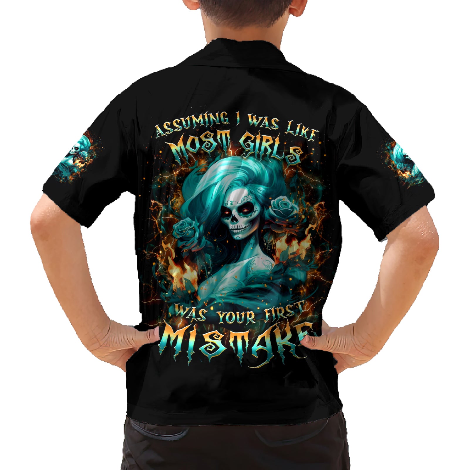 Flame Girl Skull Kid Hawaiian Shirt Assuming I Was Like Most Girls Was Your First Mistake - Wonder Print Shop